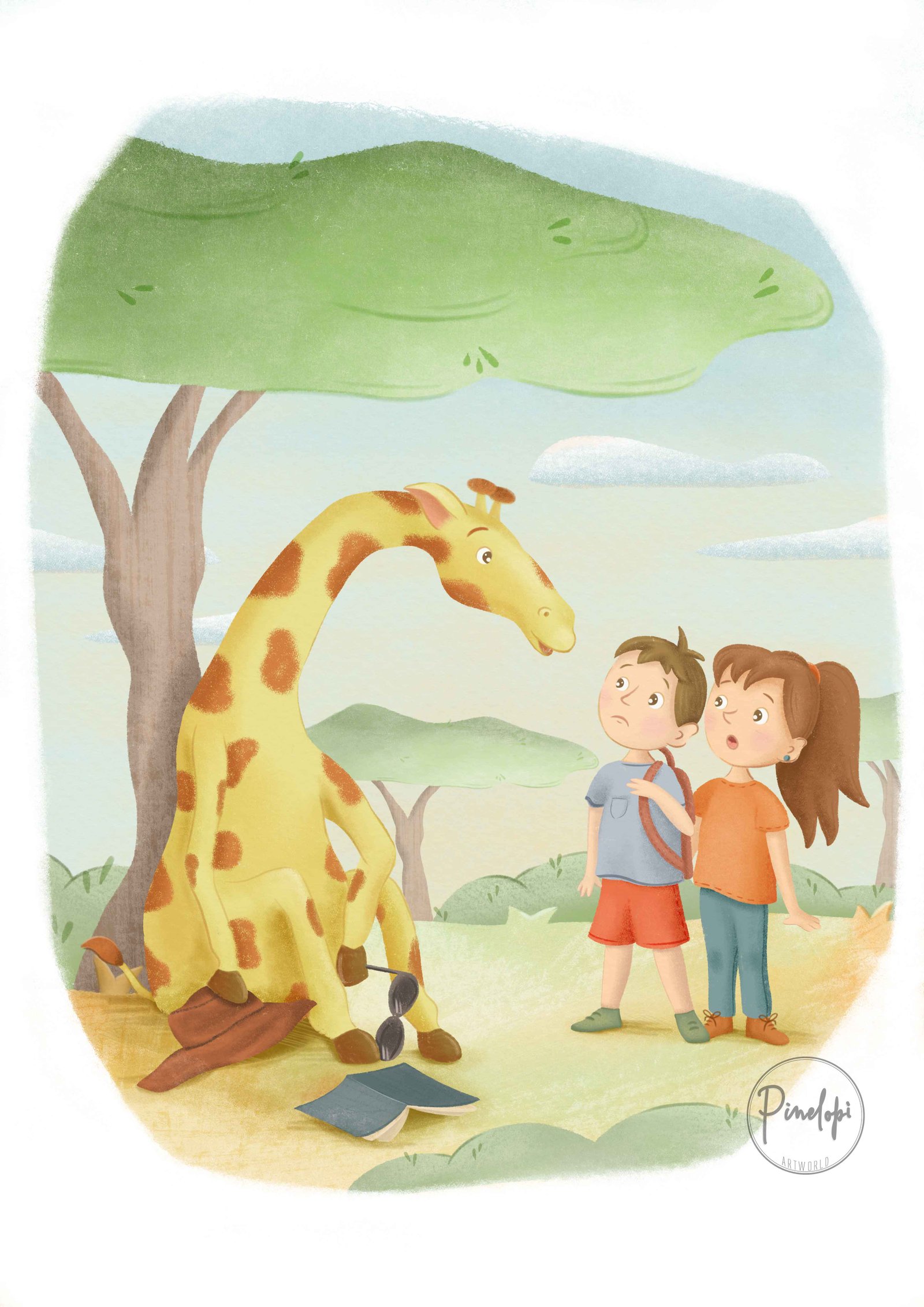 εικονογράφηση παιδικής ιστορίας μυστηρίου με ηρωίδα μια καμηλοπάρδαλη