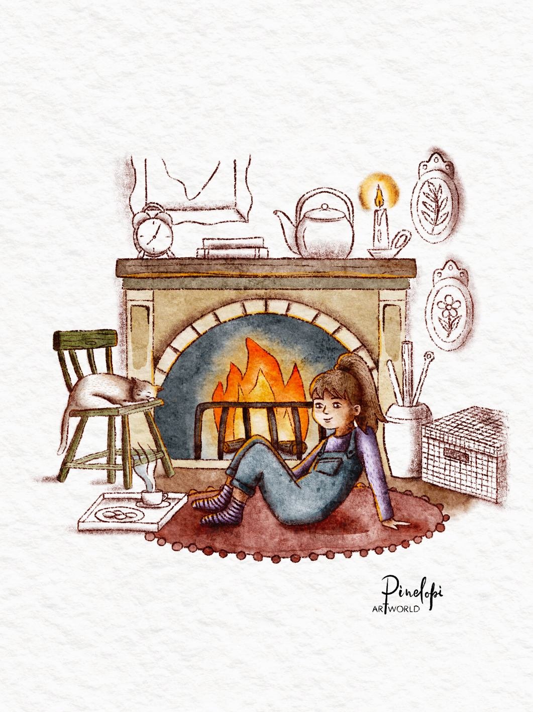 ψηφιακή εικονογράφηση με ένα κορίτσι που κάθεται μπροστά στο τζάκι 