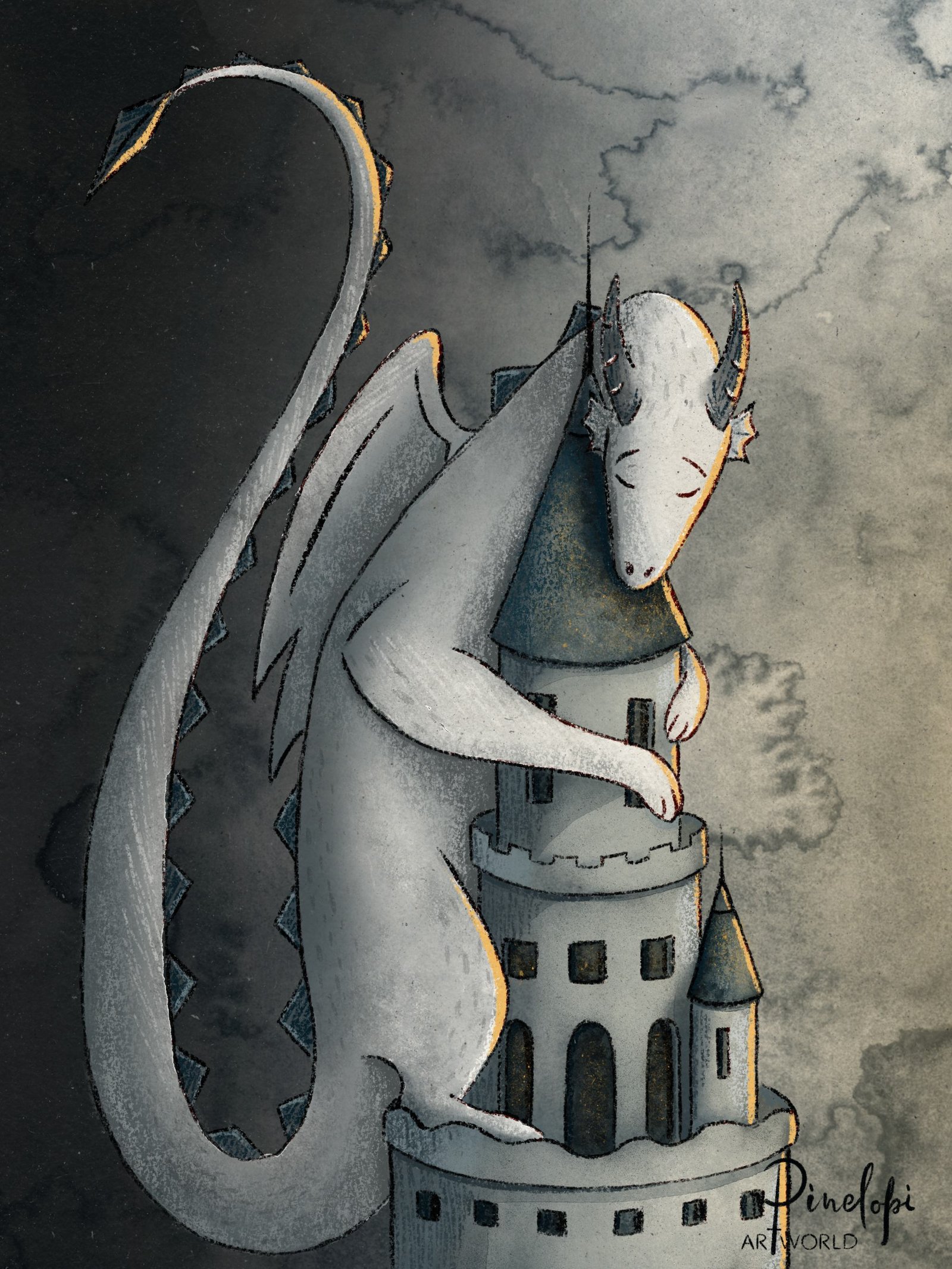 δείγμα εικονογράφησης για παιδικό παραμύθι με έναν δράκο που κοιμάται στη κορυφή ενός πύργου